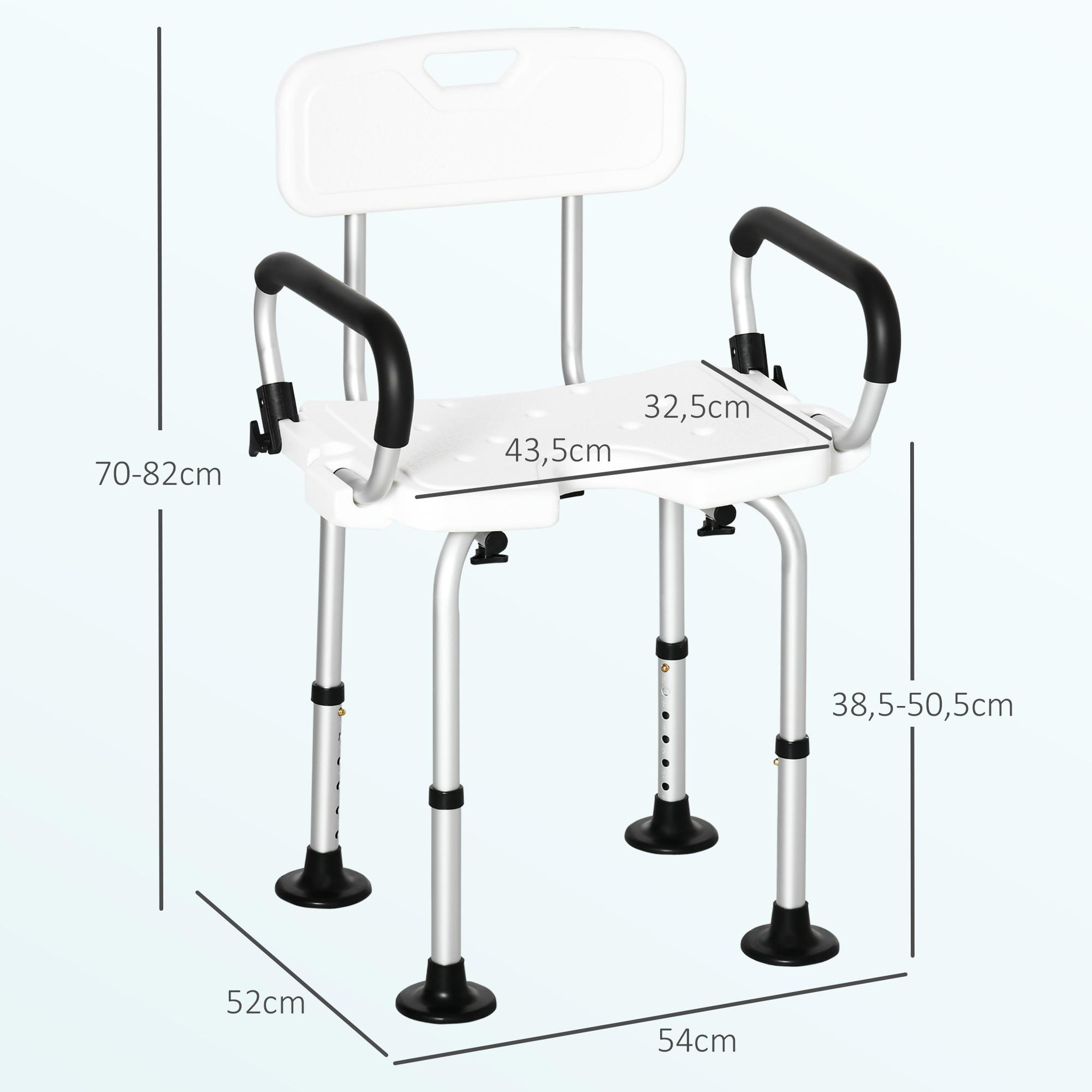 Voir la diapositive 3 : HOMCOM Chaise de douche siège de douche ergonomique hauteur réglable pieds antidérapants accoudoirs alu hdpe blanc noir