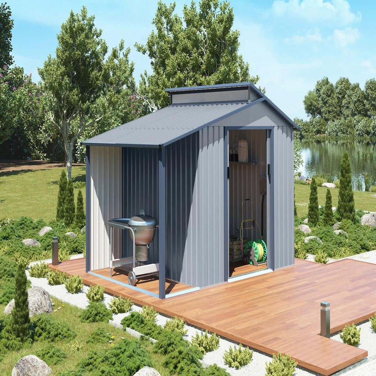 Habitat et Jardin Abri de jardin métal avec pergola  Madras  - 5.64 m² - 193 x 292 x 229 cm - Gris