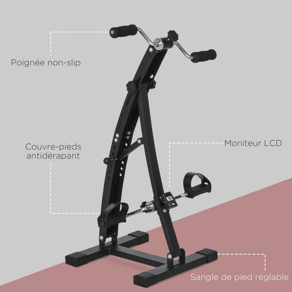 HOMCOM Vélo d'appartement pédalier rééducation bras jambes écran LCD multifonctions hauteur guidon réglable 40L x 42,5l x 100H cm acier noir