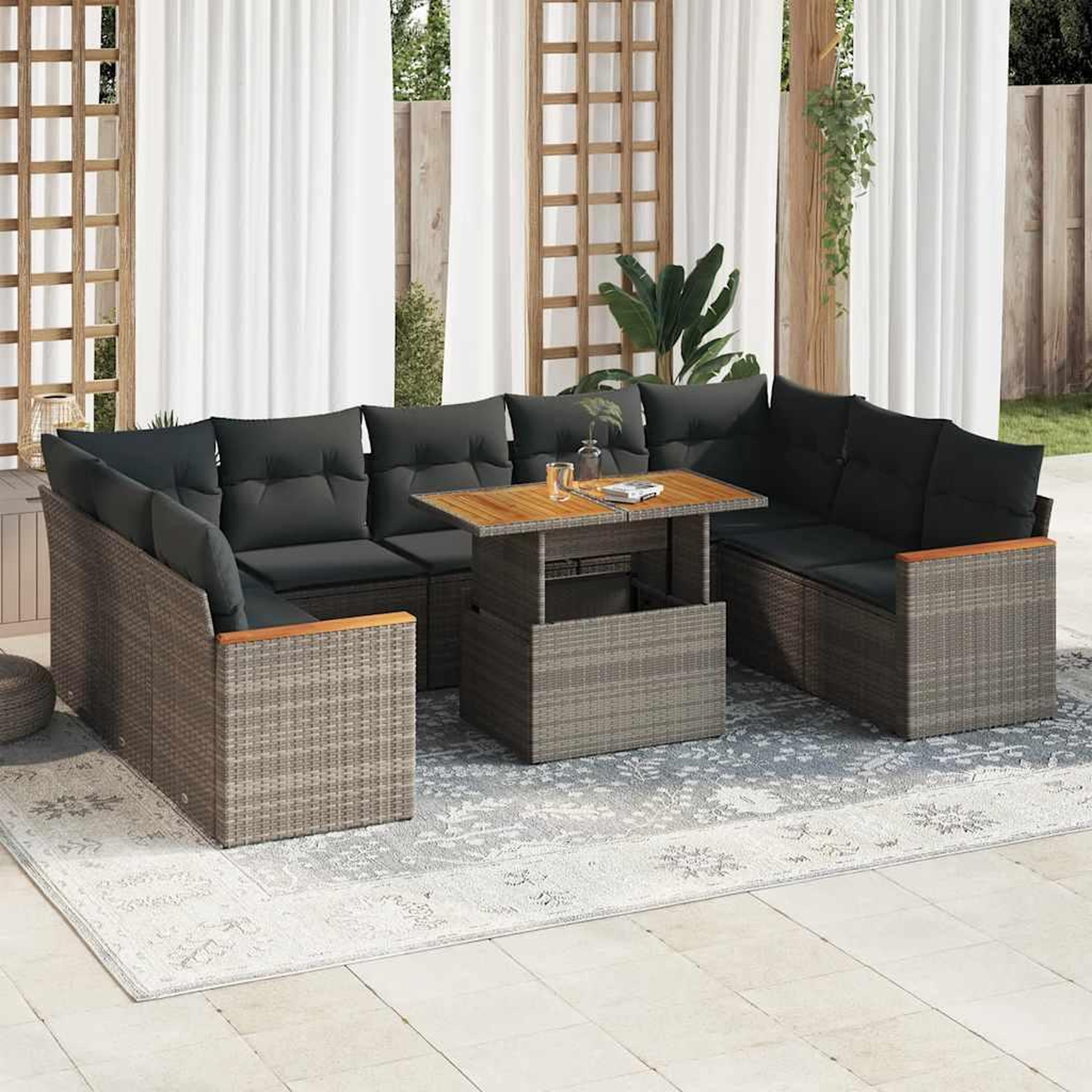 VIDAXL Salon de jardin avec coussins 10 pcs gris resine tressee acacia
