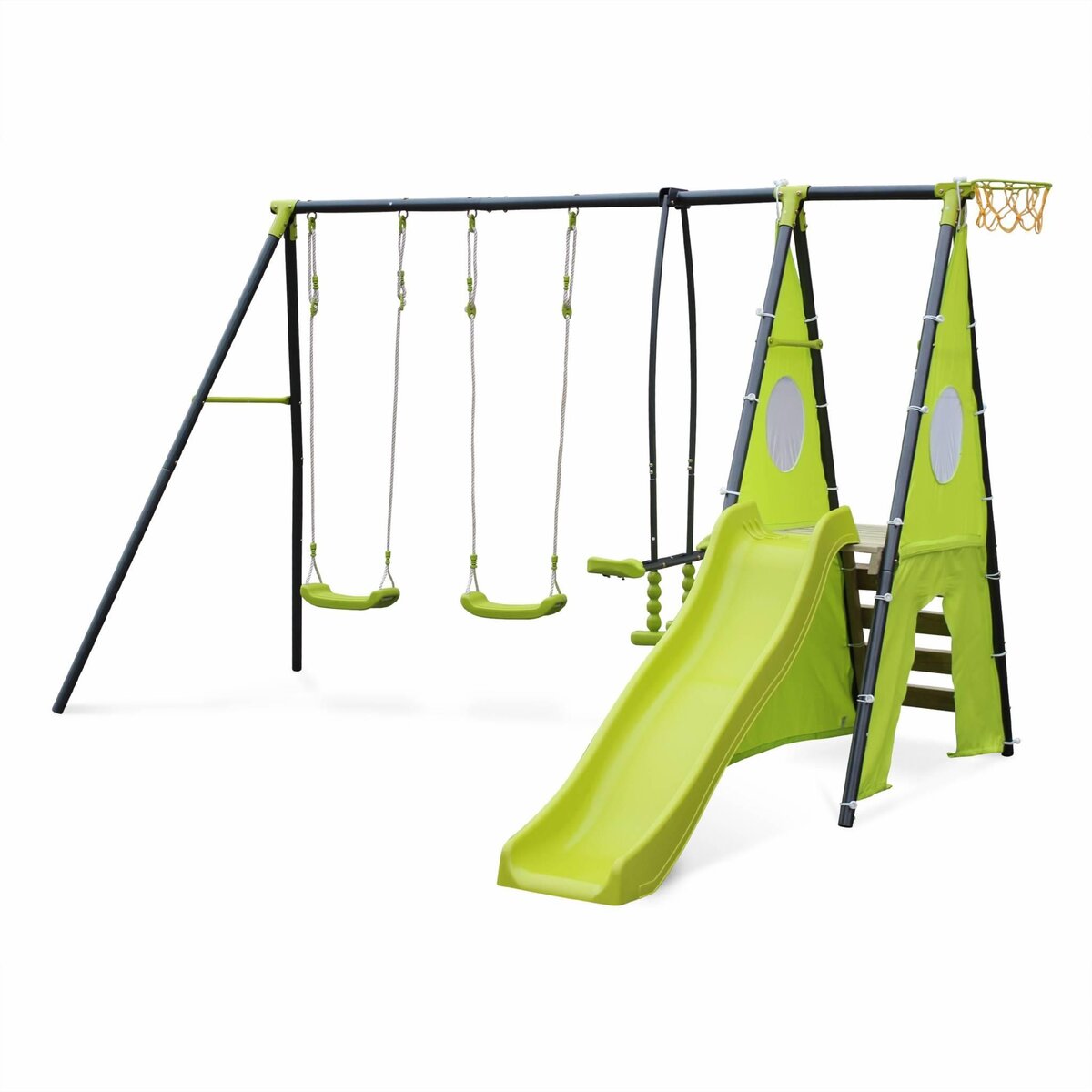 SWEEEK Balançoire 5 agrès - Portique avec 2 balançoires. 1 face à face. 1 toboggan. 1 panier de basket. 1 mur d'escalade et 1 tente