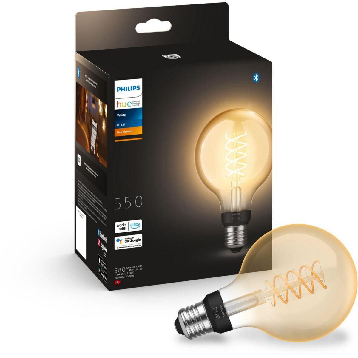 Philips Ampoule LED connectée HUE White E27 9W Filament Globe
