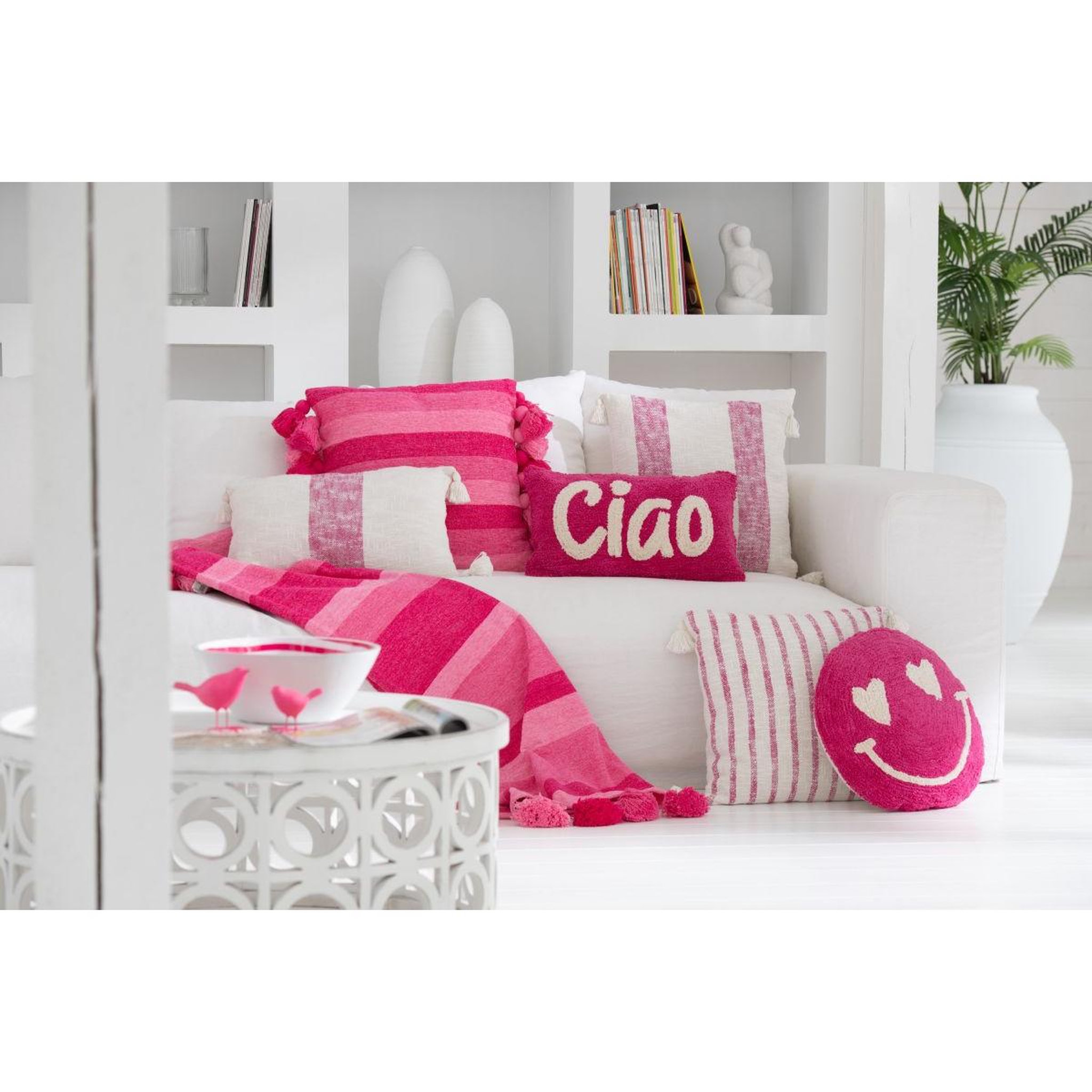 Voir la diapositive 3 : J-LINE Plaid rayé à pompons  polly  130x180cm rose
