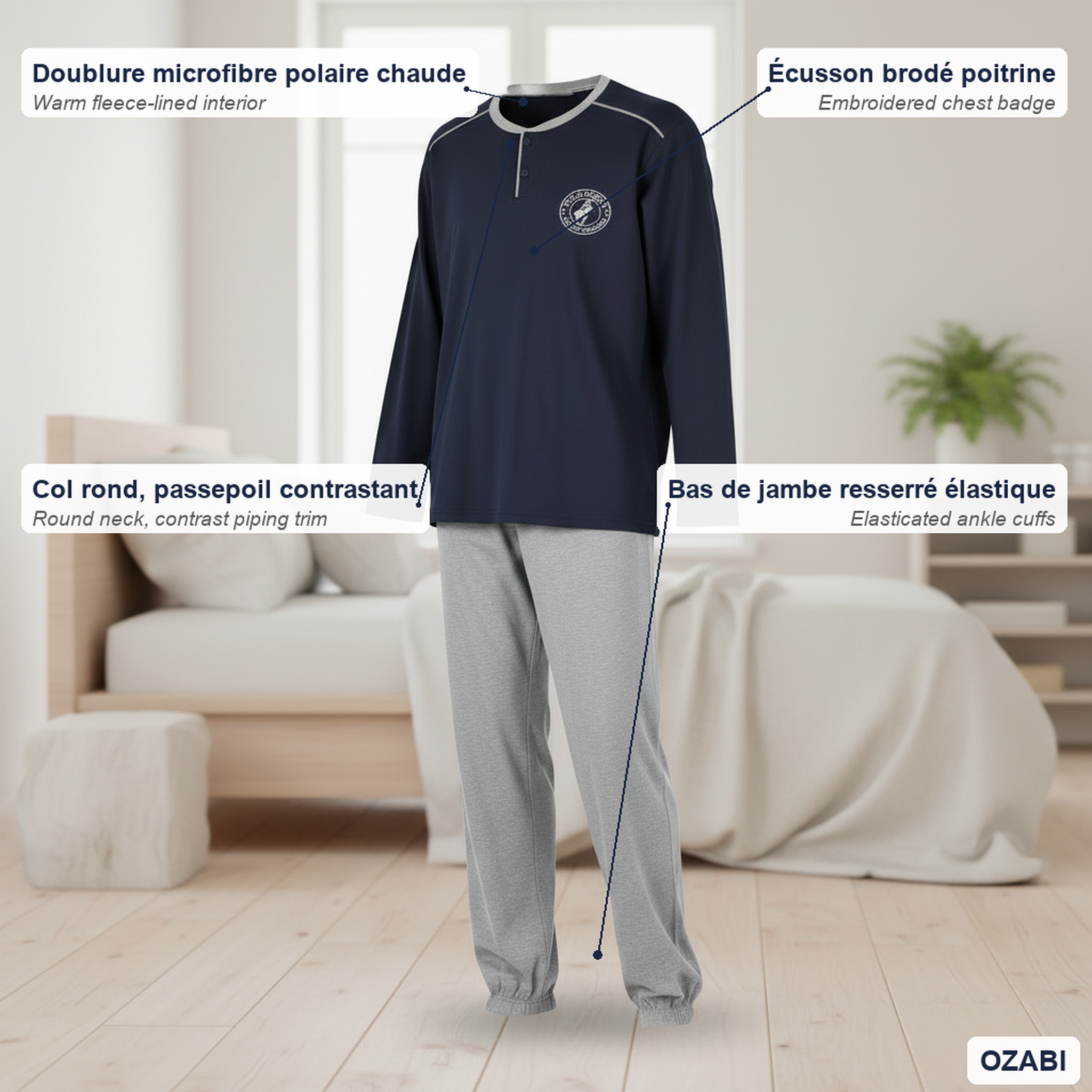 Voir la diapositive 5 : OZABI Ozabi pyjama homme doublé polaire écusson brodé