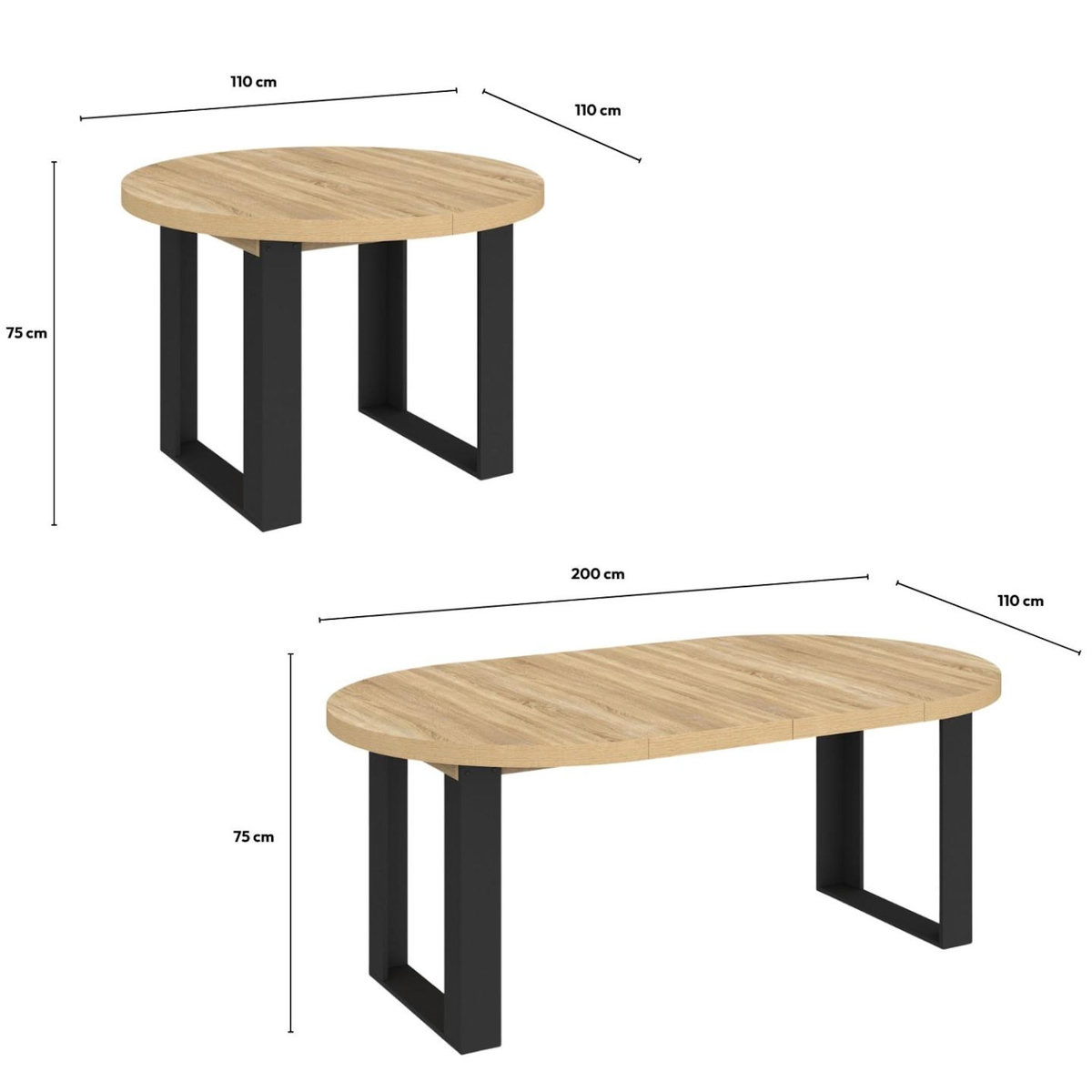 ID MARKET Table à manger extensible ronde PHOENIX 4-10 personnes bois et noir 110-200 cm