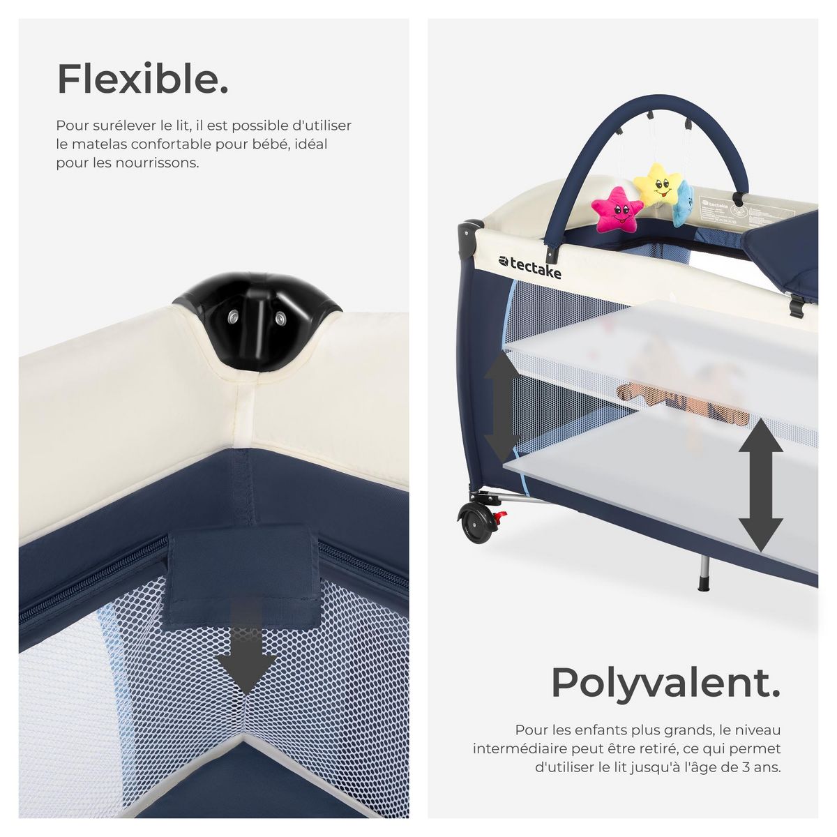 tectake Lit de voyage pour enfants peu encombrant pliable et réglable en hauteur bleu