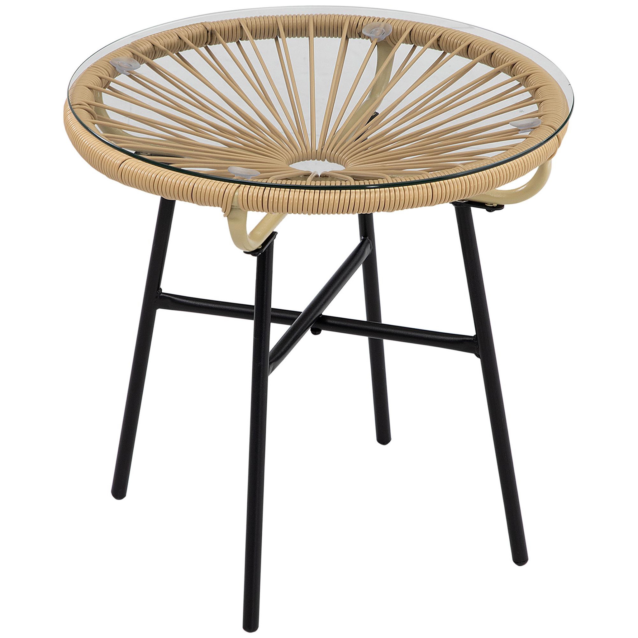 Voir la diapositive 1 : OUTSUNNY Table basse ronde de jardin en résine aspect rotin métal et plateau verre trempé Ø 50 x 50H cm beige
