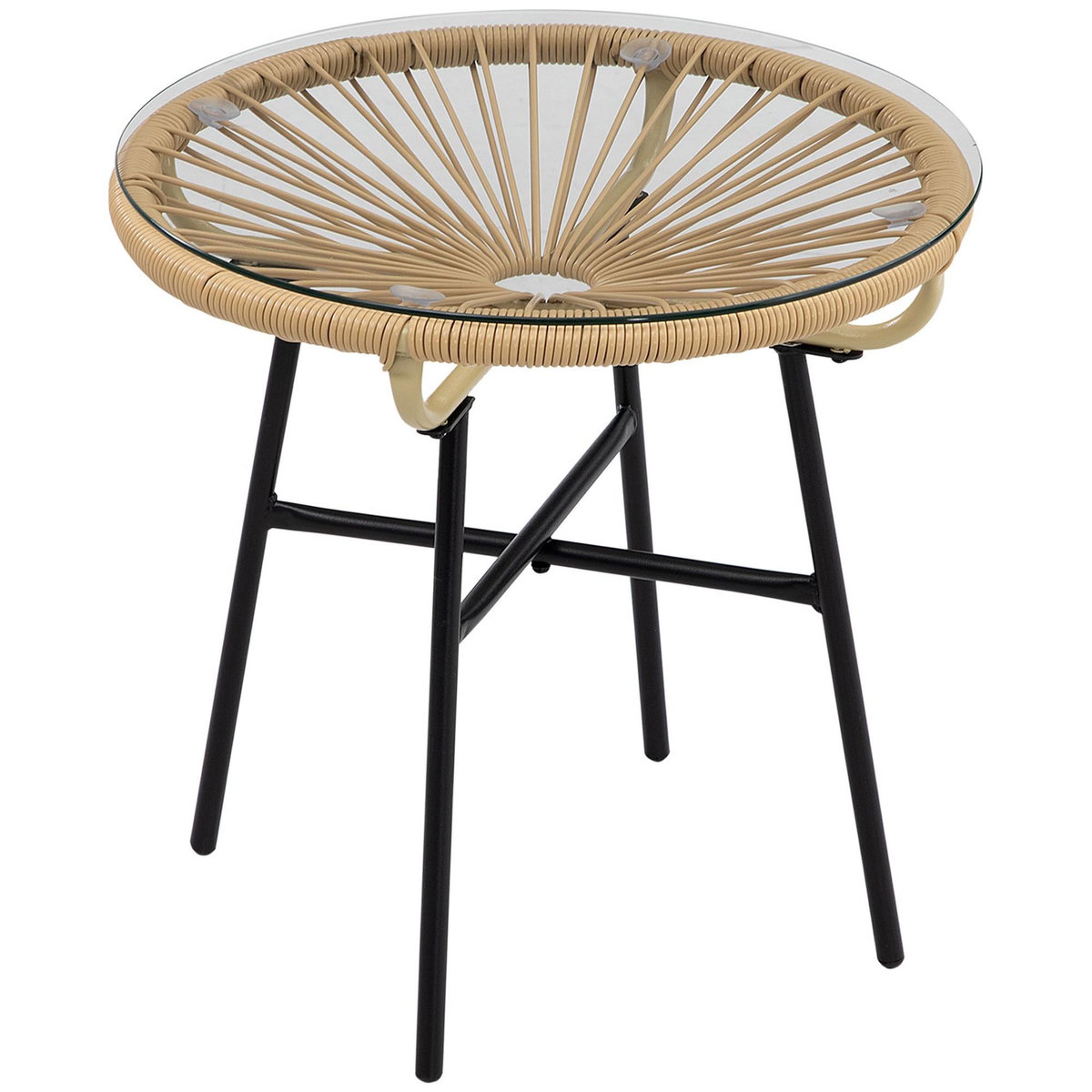OUTSUNNY Table basse ronde de jardin en résine aspect rotin métal et plateau verre trempé Ø 50 x 50H cm beige