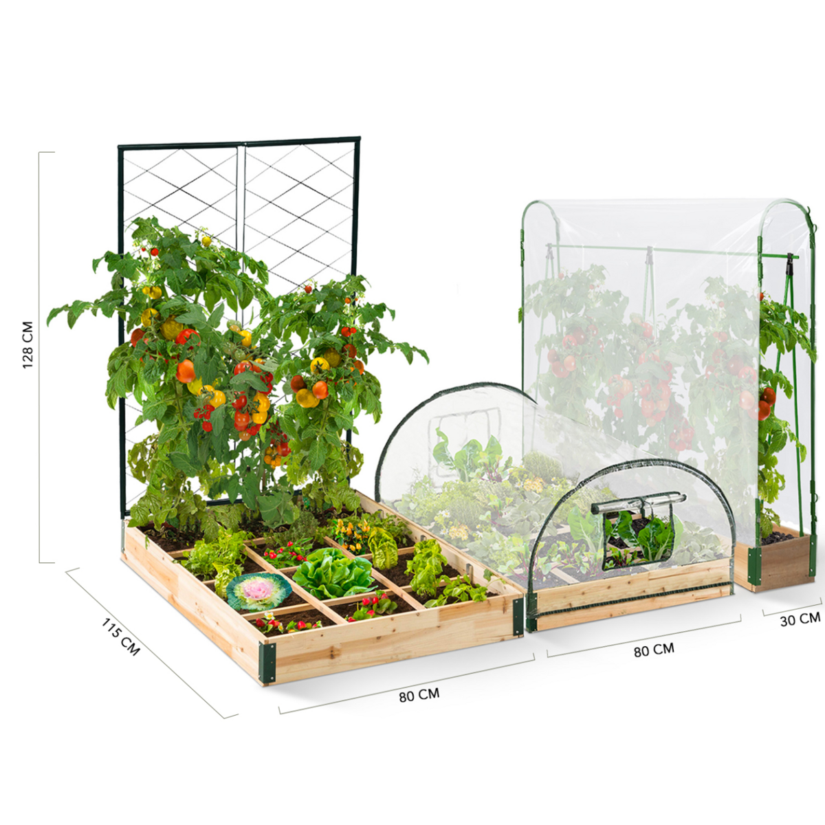ID MARKET Kit complet 3 bacs modulables carrés potager et serre à tomates + treillis + housse