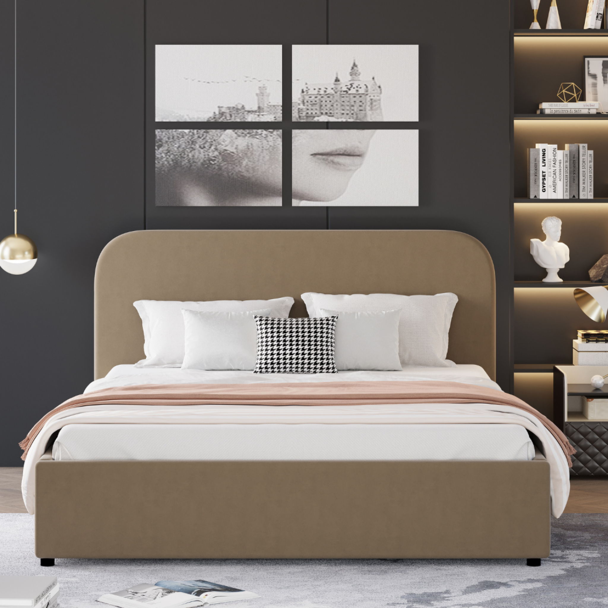 Voir la diapositive 4 : CONCEPT USINE Lit avec coffre de rangement 140x190cm velours taupe houston