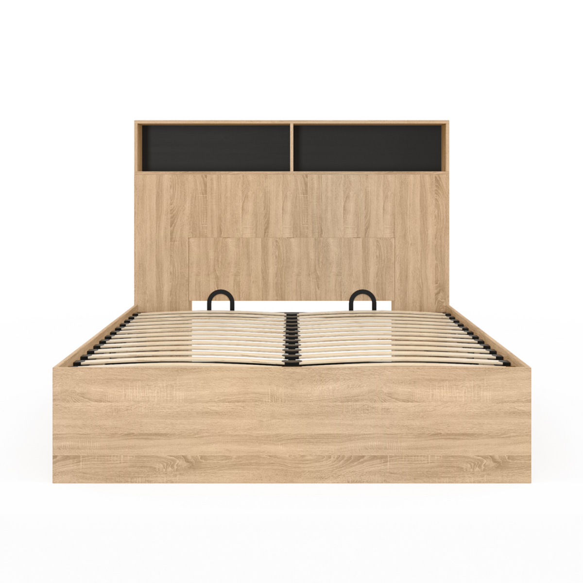 ID MARKET Lit coffre double CLYDE avec tête de lit + rangements et sommier 140 x 190 cm façon hêtre et noir