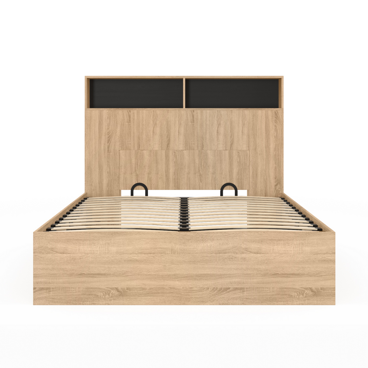 ID MARKET Lit coffre double CLYDE avec tête de lit + rangements et sommier 140 x 190 cm façon hêtre et noir