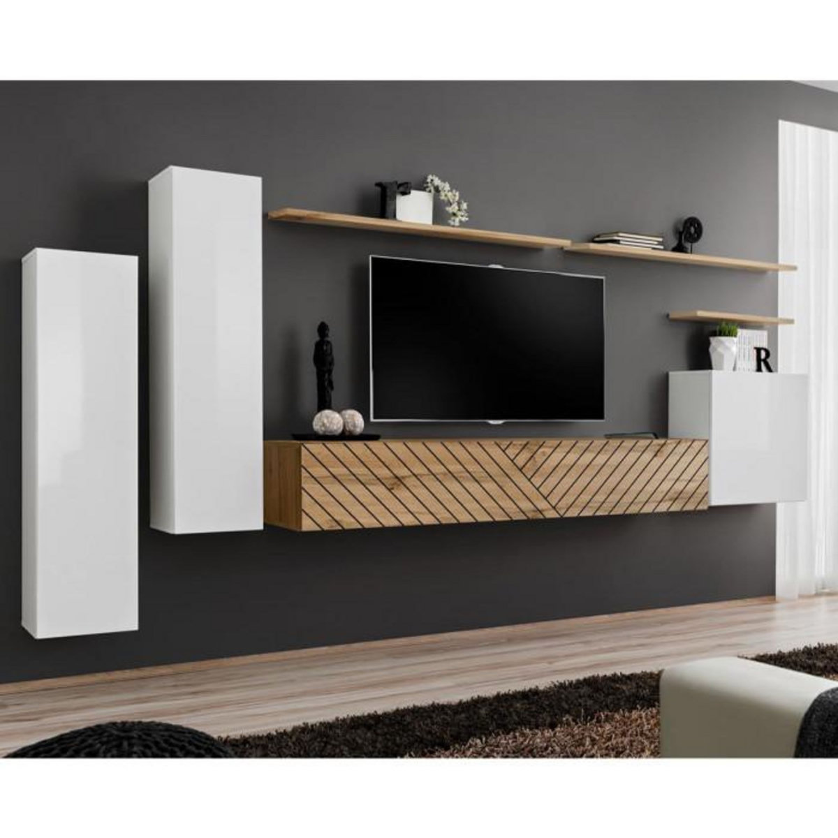 Paris Prix Ensemble Meuble TV  Switch Lamel I  330cm Naturel & Blanc