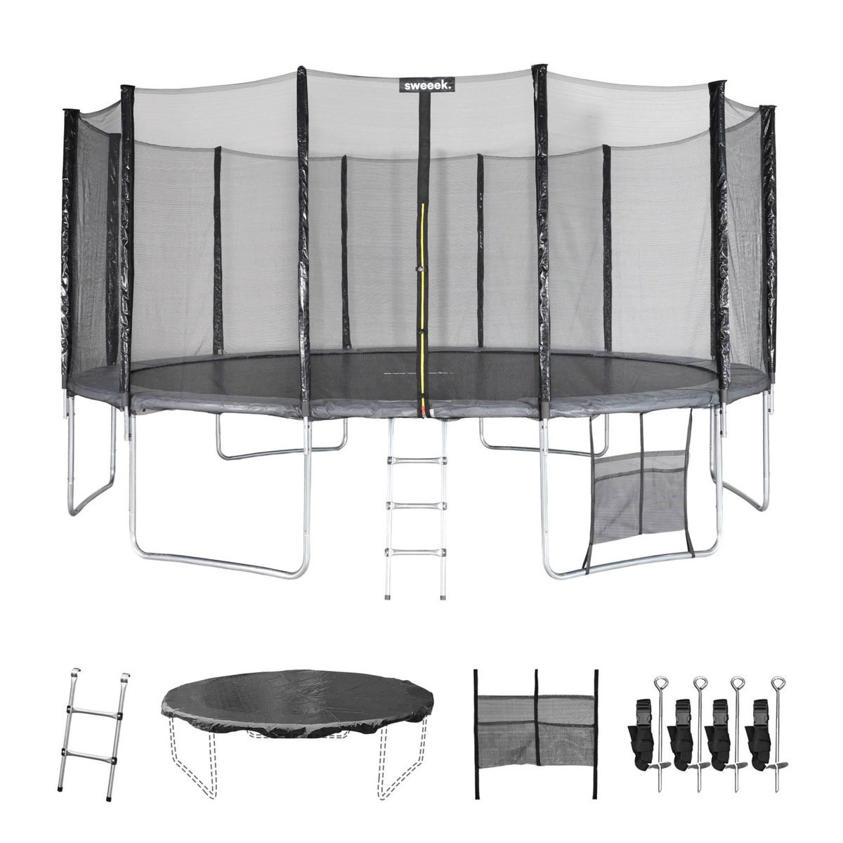 SWEEEK Trampoline 490cm gris avec filet de protection. échelle. bâche. filet pour chaussures. kit d'ancrage