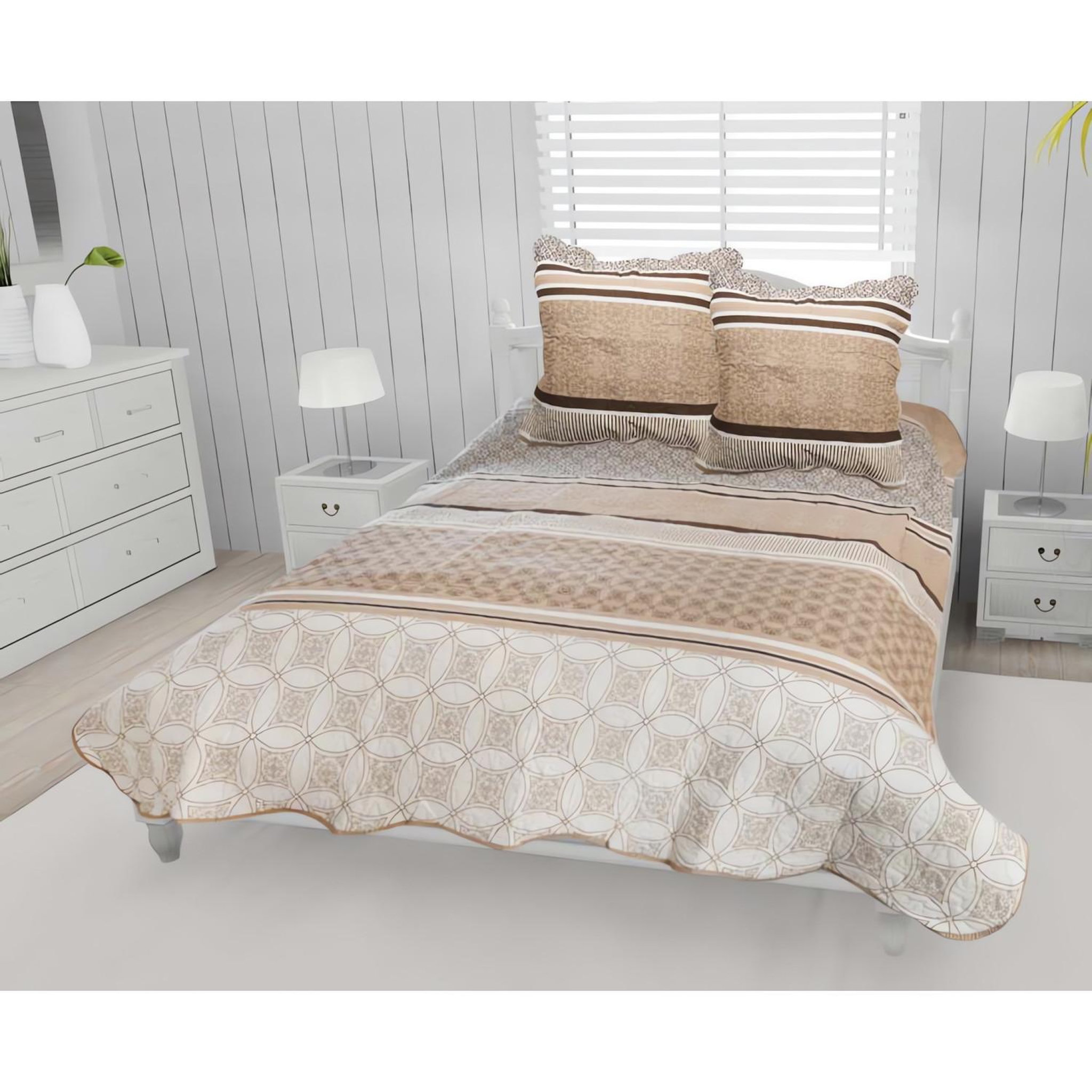 SOLEIL D'OCRE Couvre lit boutis coton 220x240 cm AMANDA + 2 TO avec 2 taies d'oreiller