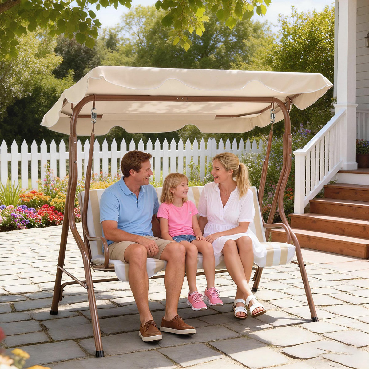 OUTSUNNY Balancelle de jardin 3 places coussins assise dossier beige blanc rayé