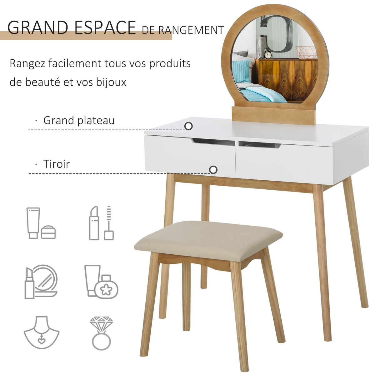 HOMCOM Coiffeuse design scandinave table de maquillage avec miroir, 2 tiroirs et tabouret blanc pin clair