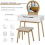 Voir la diapositive 4 : HOMCOM Coiffeuse design scandinave table de maquillage avec miroir, 2 tiroirs et tabouret blanc pin clair