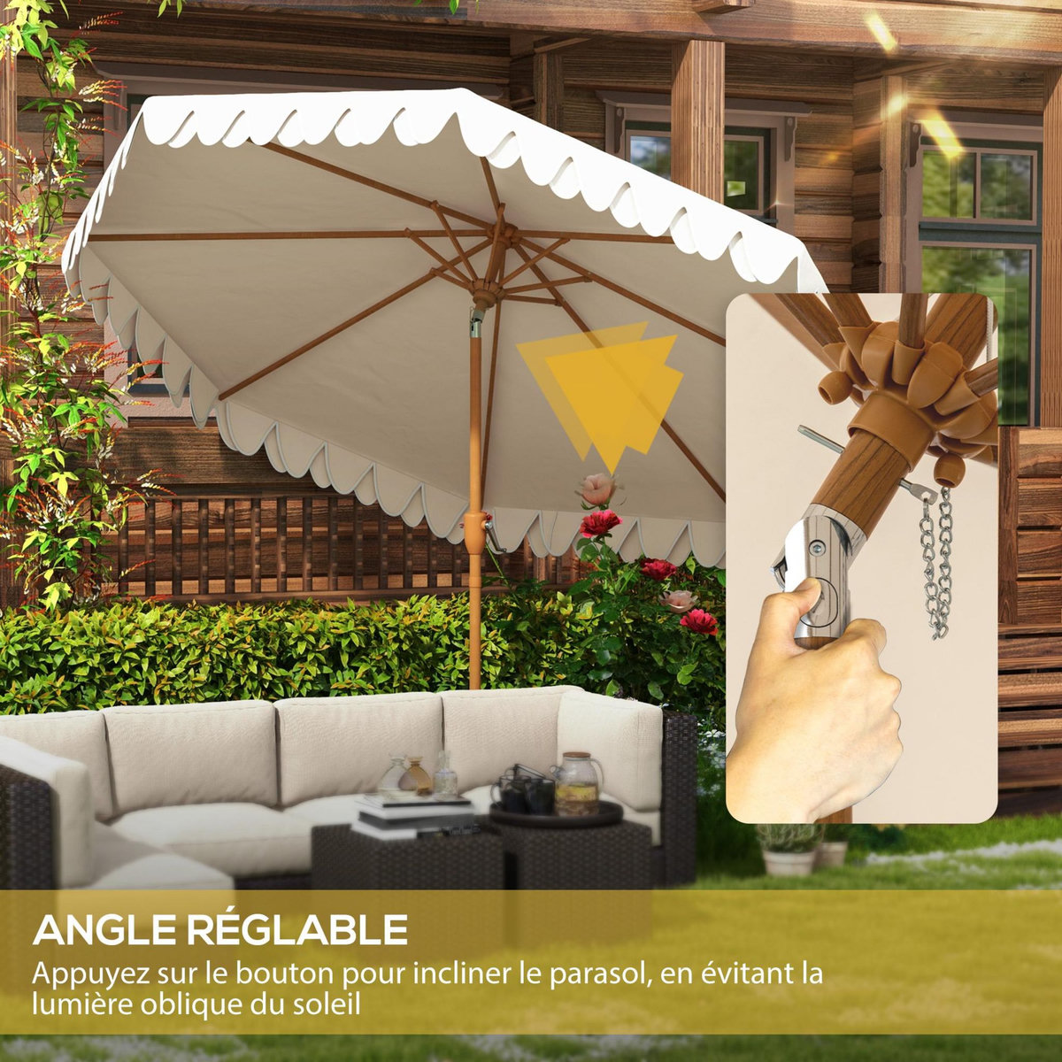 OUTSUNNY Parasol octogonal inclinable Ø 2,64 x 2,4H m mât acier aspect bois polyester haute densité 180 g/m² crème