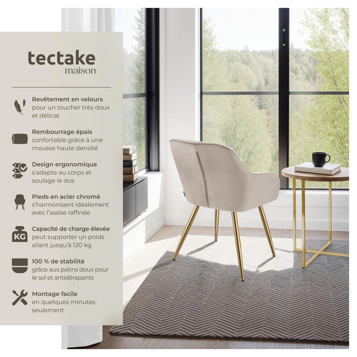 tectake Chaise de salle à manger en velours matelassé et rembourré taupe/or Lot de 2