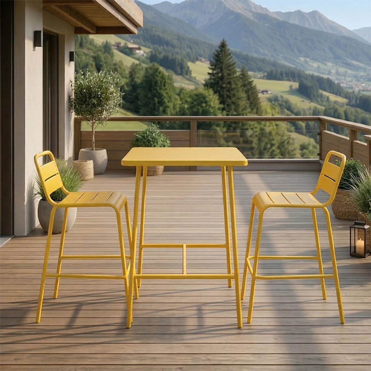 CONCEPT USINE Ensemble table de bar et 2 chaises hautes d'extérieur jaune BERGAME