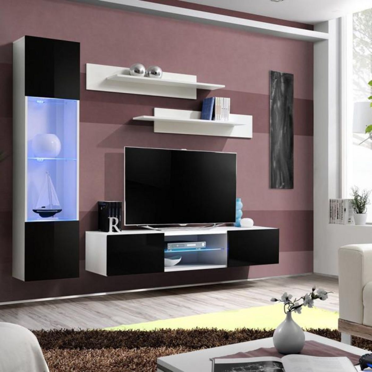 Paris Prix Meuble TV Mural Design  Fly XXII  210cm Noir & Blanc