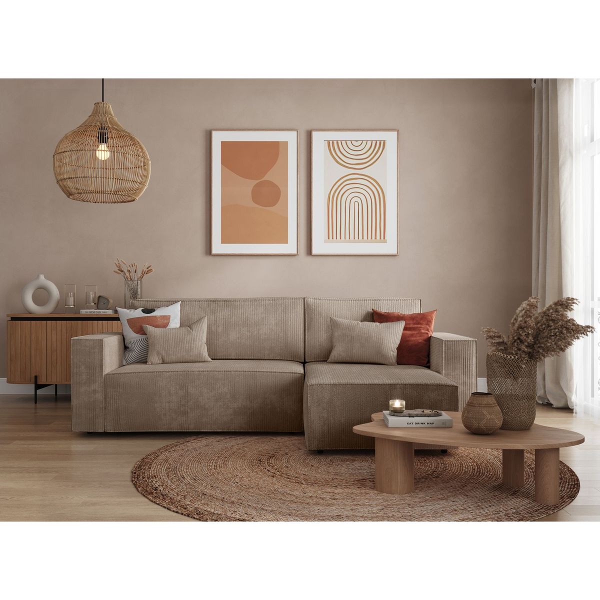 Canapé d'angle convertible réversible 3 places velours côtelé DAPHNE