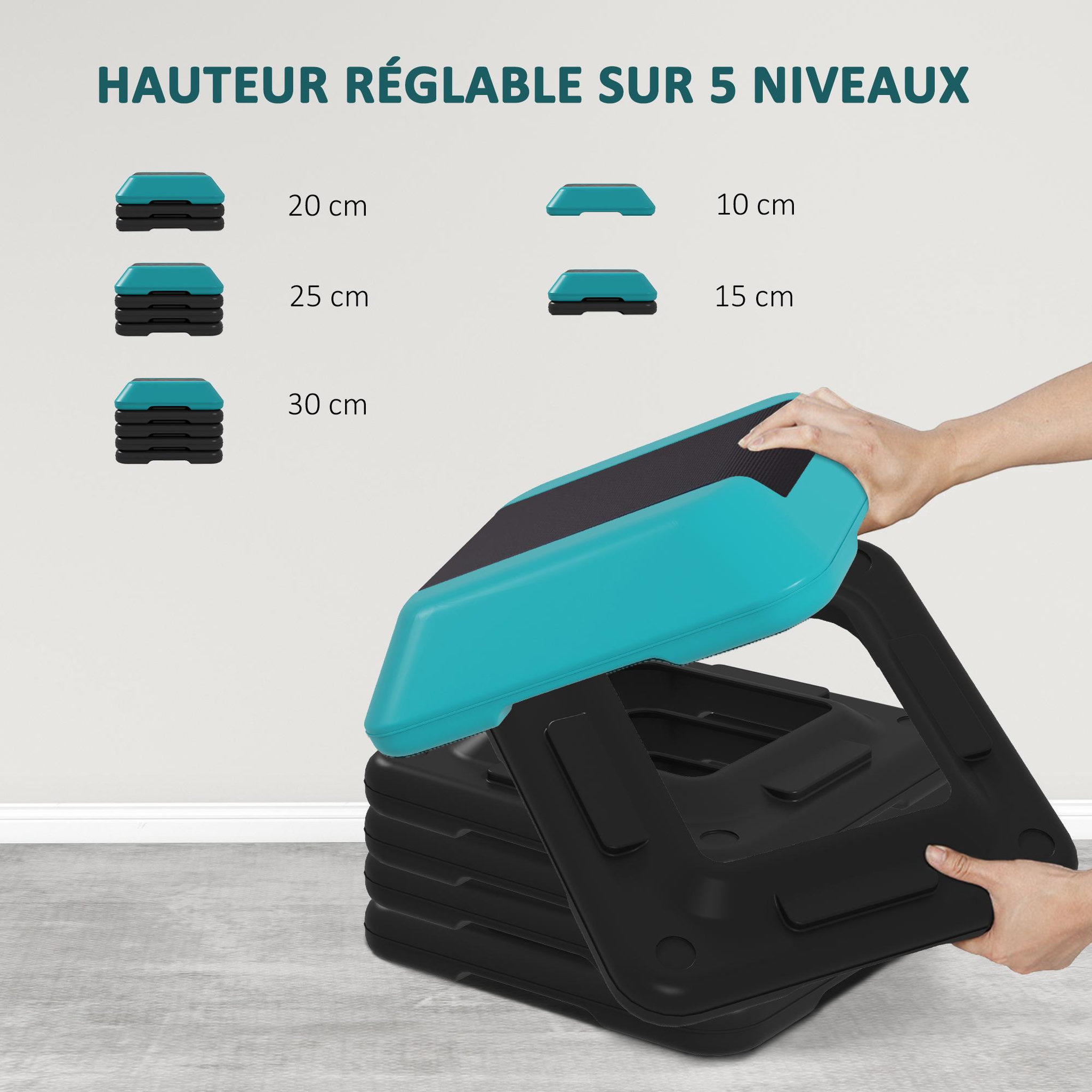 Voir la diapositive 4 : HOMCOM Stepper aerobic fitness réglable 5 niveaux h.10/15/20/25/30 cm max. 150 kg turquoise noir