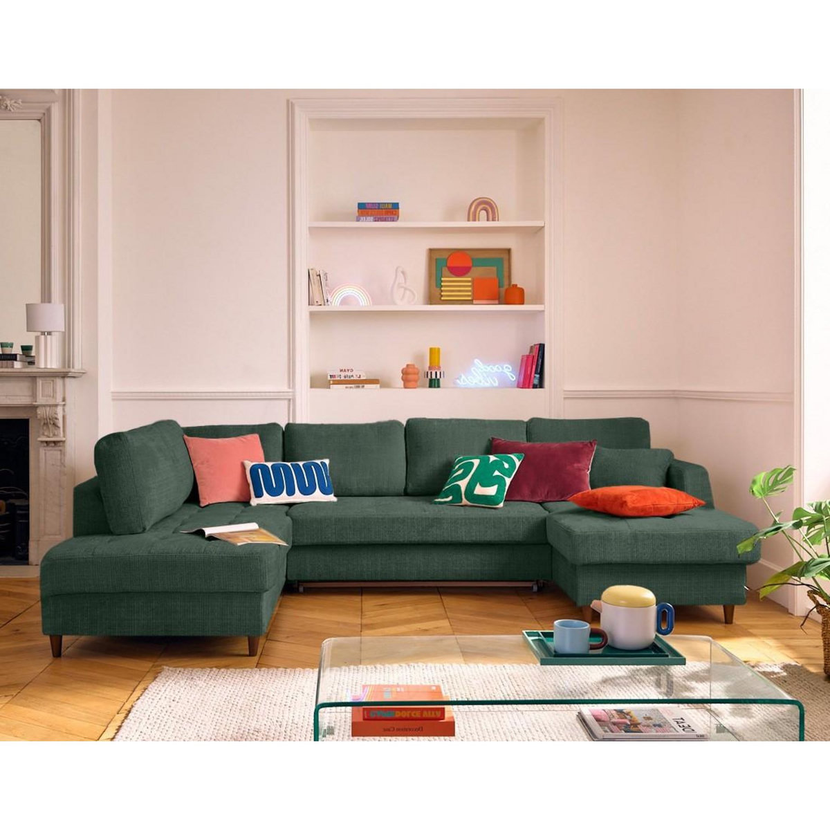 LISA DESIGN Anna - canapé panoramique d'angle gauche 7 places convertible avec coffre en velours texturé