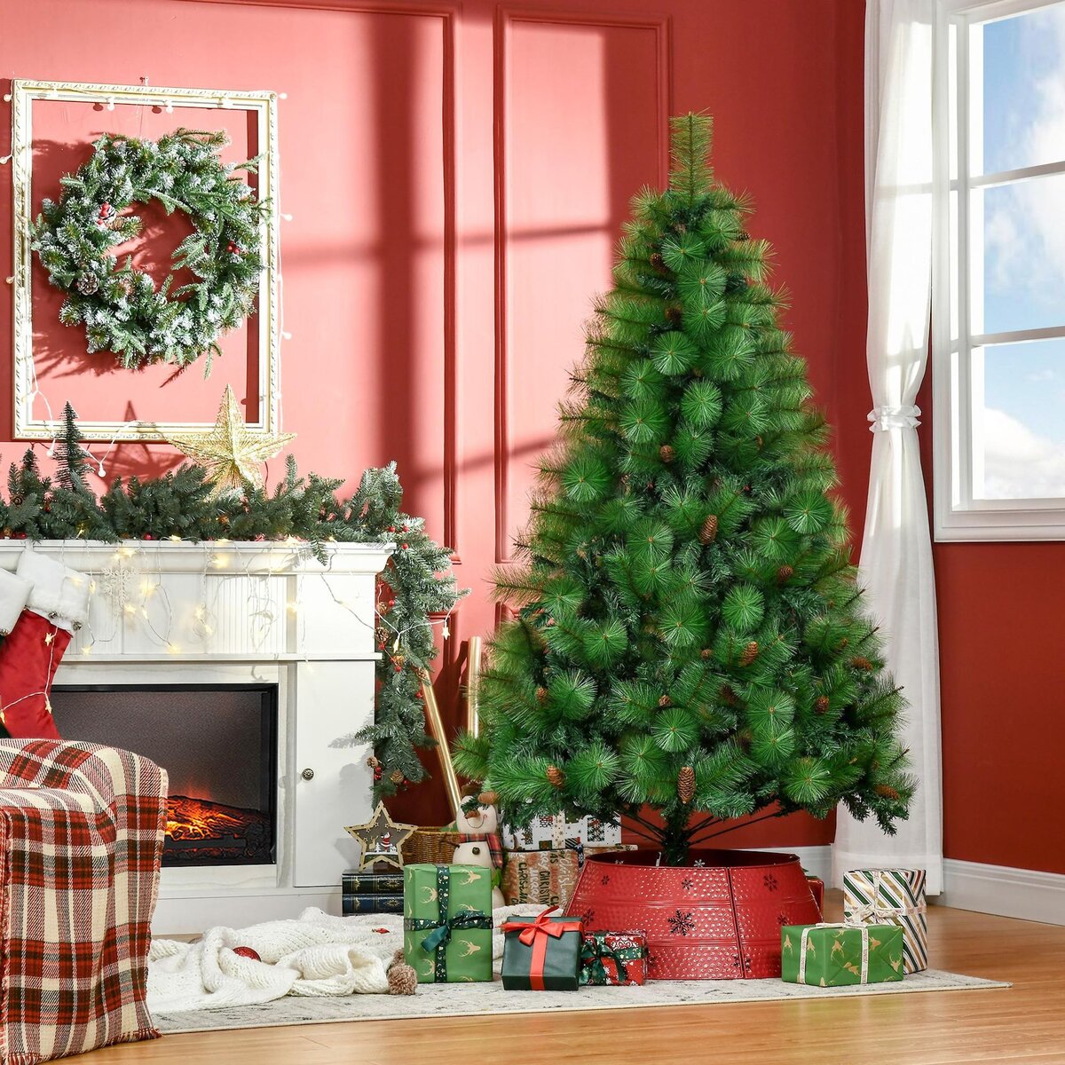 HOMCOM Sapin de Noël artificiel 782 branches épines grand réalisme avec pommes de pin - hauteur 180 cm vert