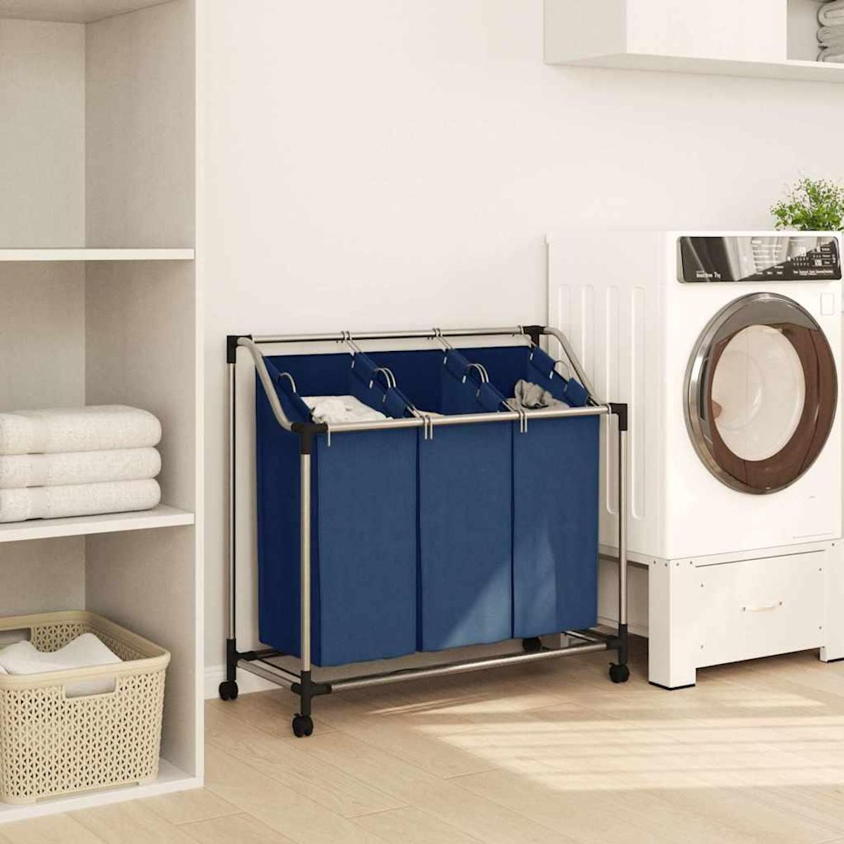 VIDAXL Trieuse a linge avec 3 sacs Bleu Acier