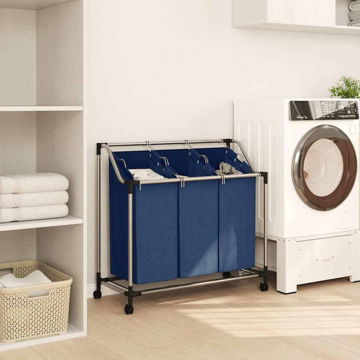 VIDAXL Trieuse a linge avec 3 sacs Bleu Acier