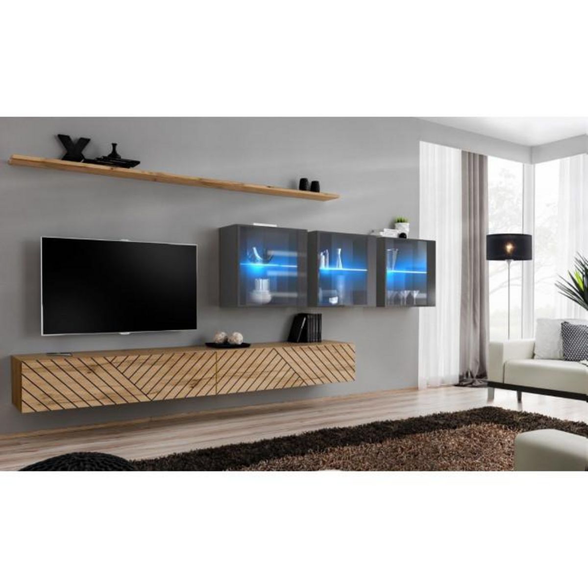 Paris Prix Ensemble Meuble TV  Switch Lamel XVII  340cm Naturel & Gris
