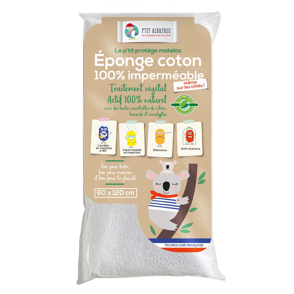 Ptit Albatros Protège matelas imperméable Anti Acariens naturel 100% Greenfirst® 