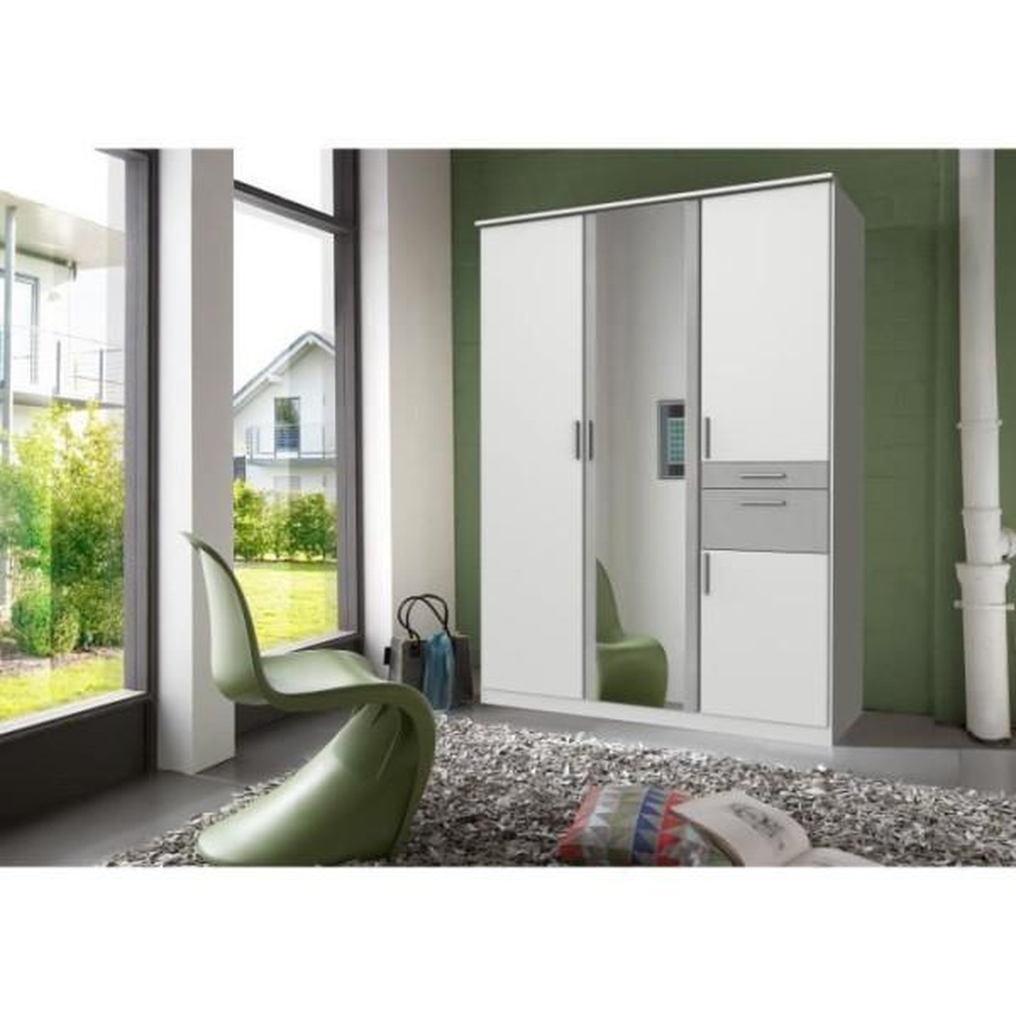 Voir la diapositive 3 : N/A Armoire Décor Blanc & Gris béton - 4 portes battantes - Miroir - 2 tiroirs - L135 x P58 x H199 cm - VOLOS