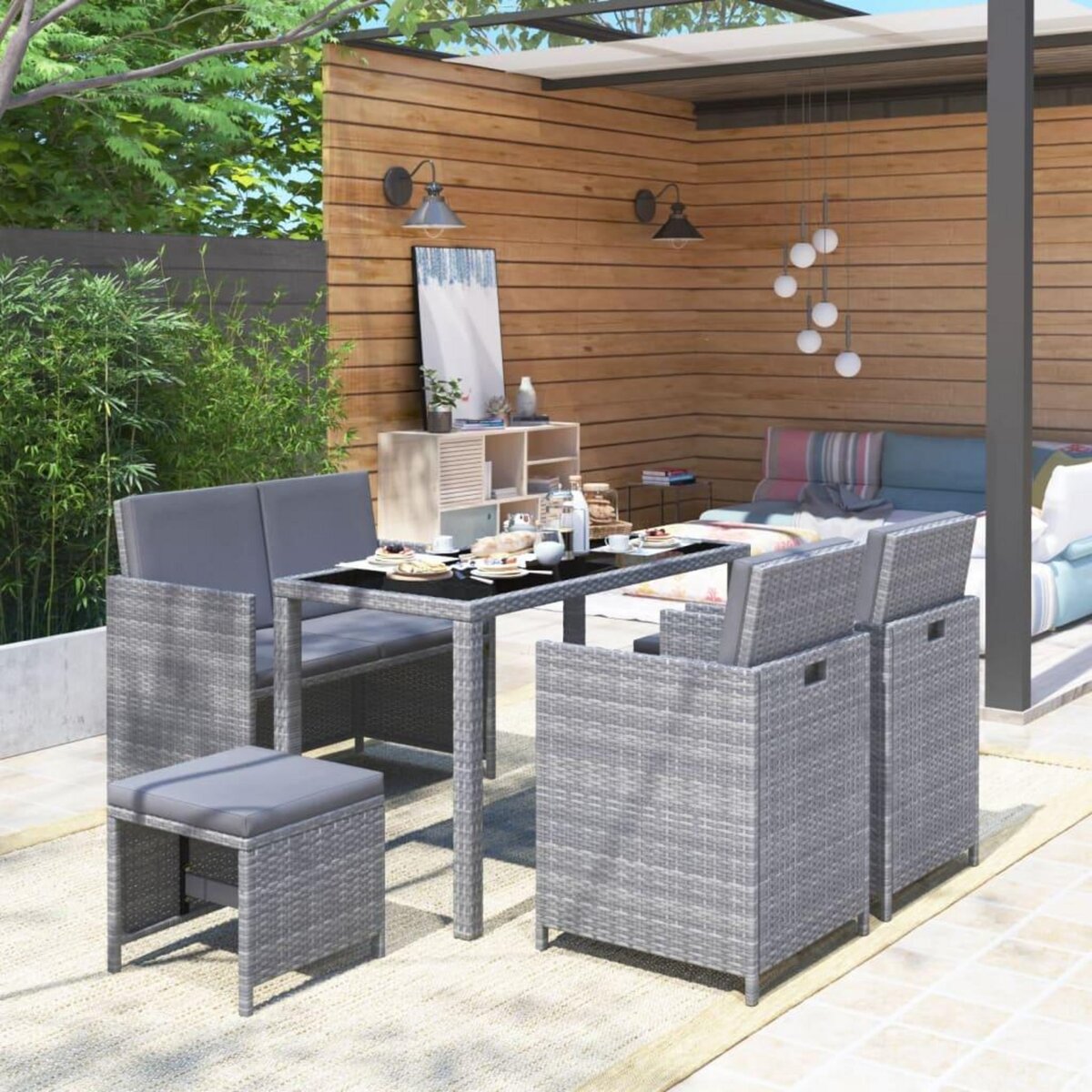 Mobilier à dîner de Jardin 6pcs et Coussins Résine tressée Noir