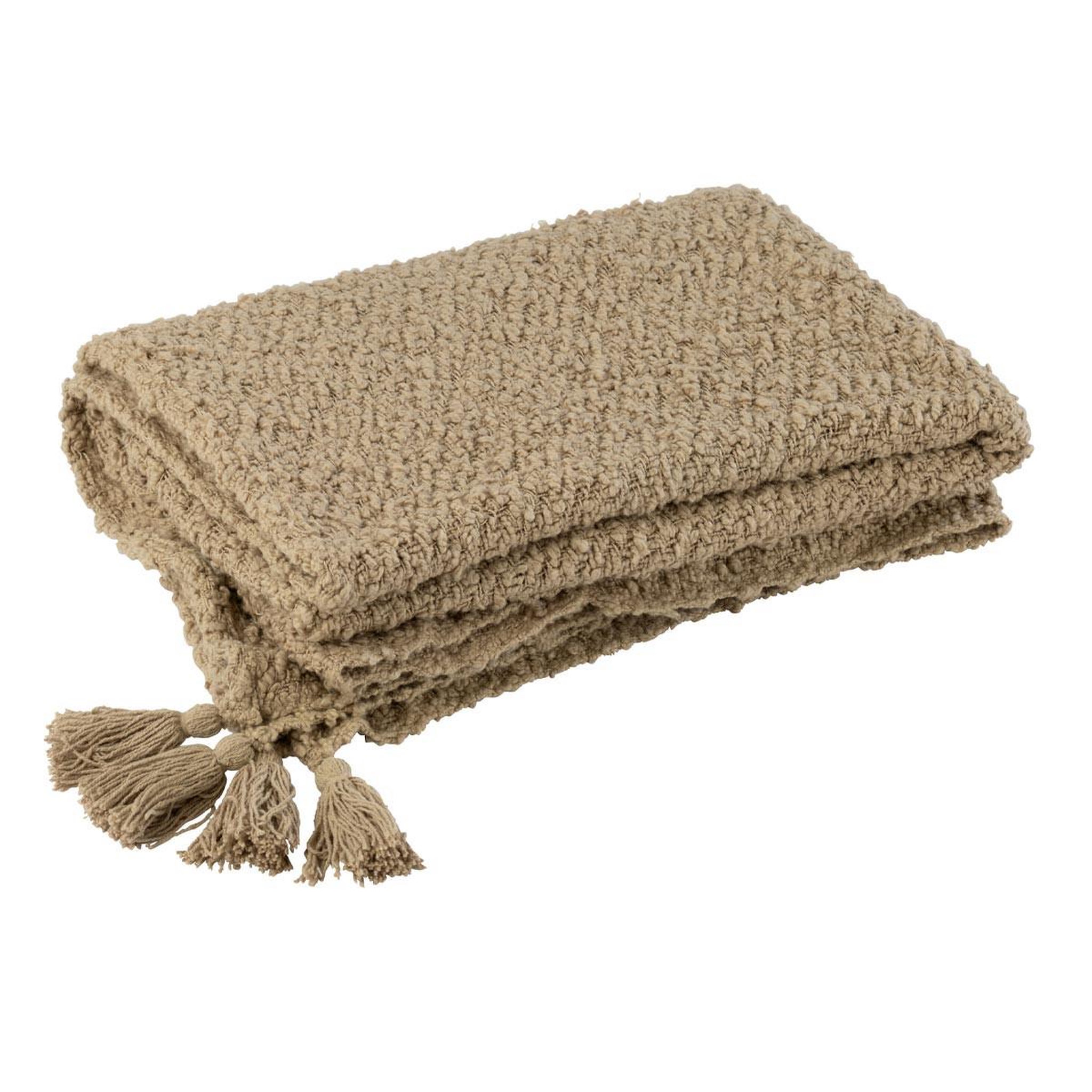 J-LINE Plaid uni en coton  floches  130x180cm beige foncé