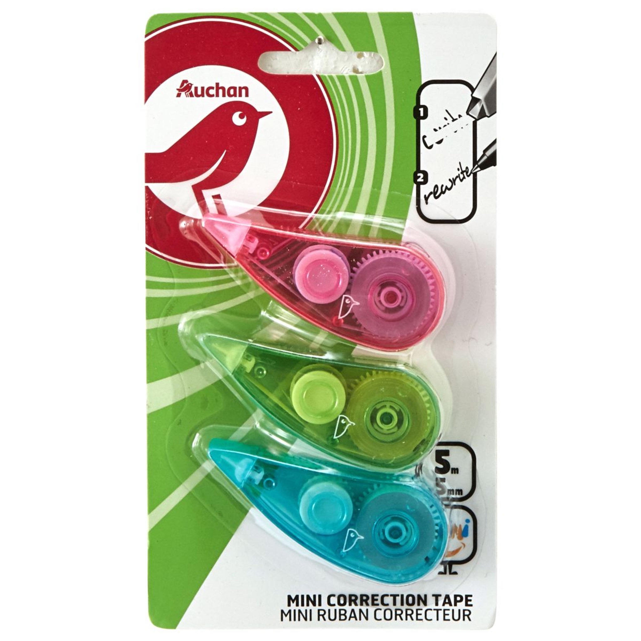 AUCHAN Lot de 3 mini souris correctrices 5m rose, vert et bleu