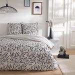 FUTURE HOME Parure de lit 2 personnes feuillage et rayures en coton. Coloris disponibles : Blanc