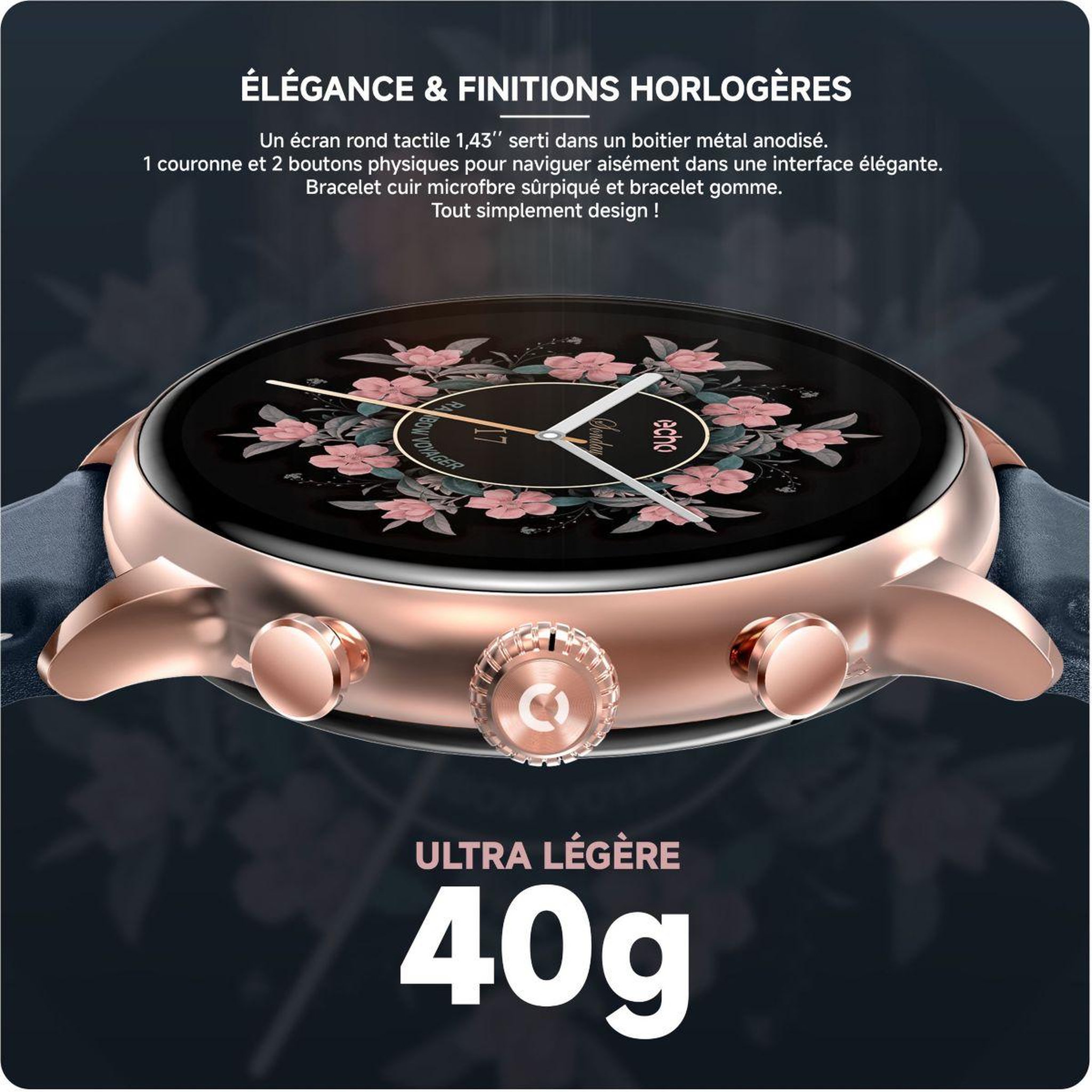 Voir la diapositive 4 : Echo Montre connectée Rainbow Voyager OrRose Silico+Bleu Cuir