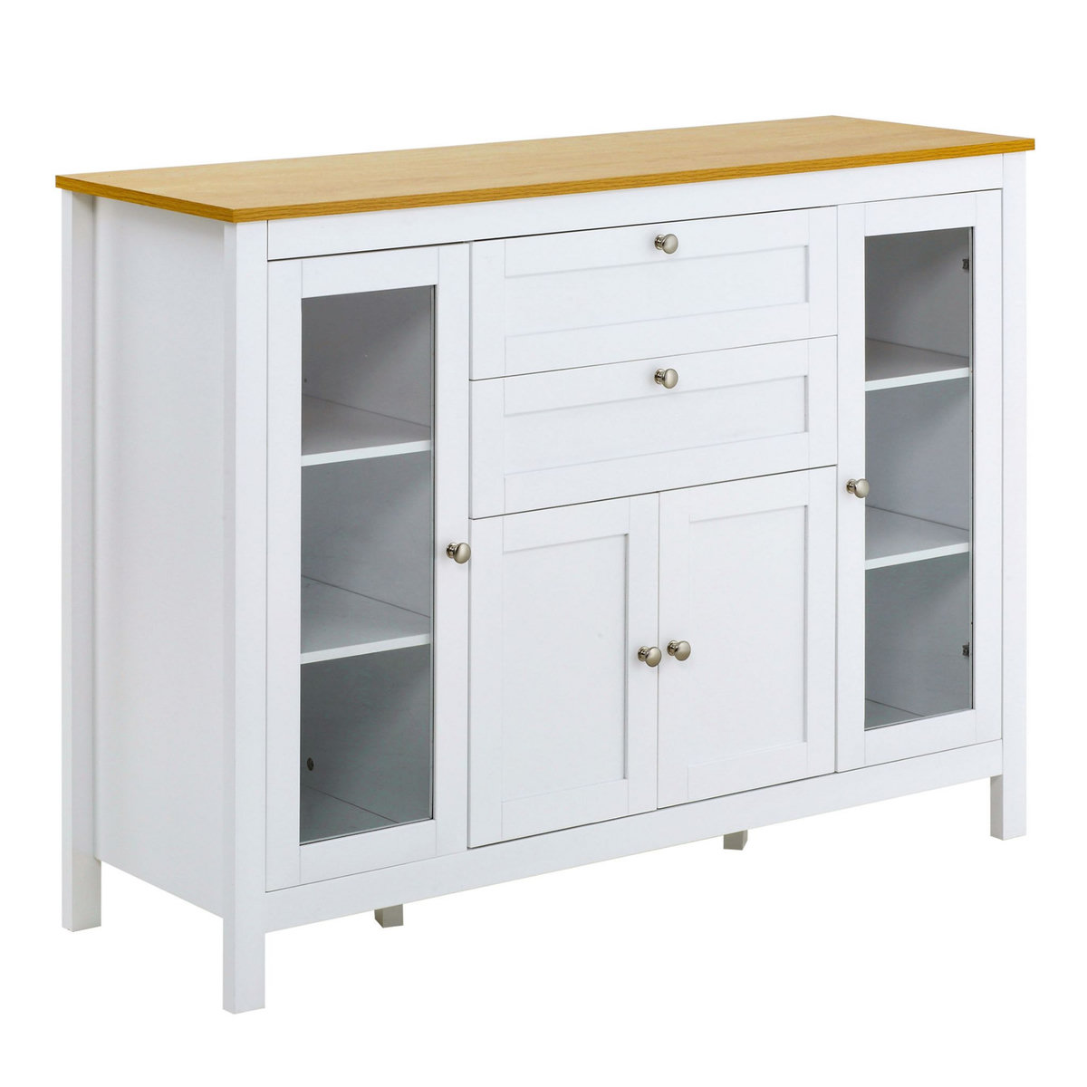 HOMCOM Buffet style classique chic multi-rangement 2 portes 2 étagères réglables 2 tiroirs coulissants placard 2 portes MDF blanc plateau aspect bois clair