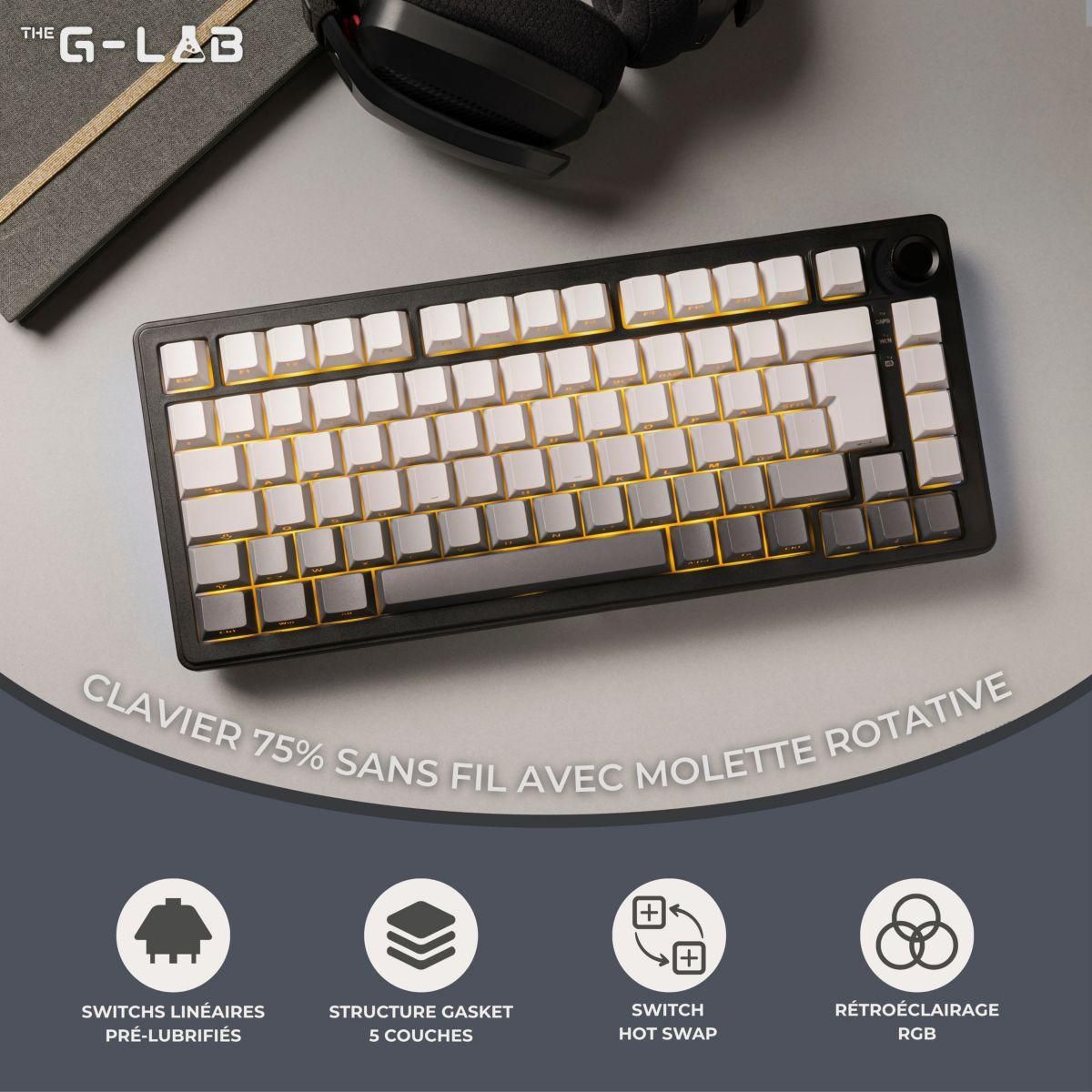 THE G-LAB Clavier gamer sans fil Keyz Elite 300 RGB Triple Mode Gris