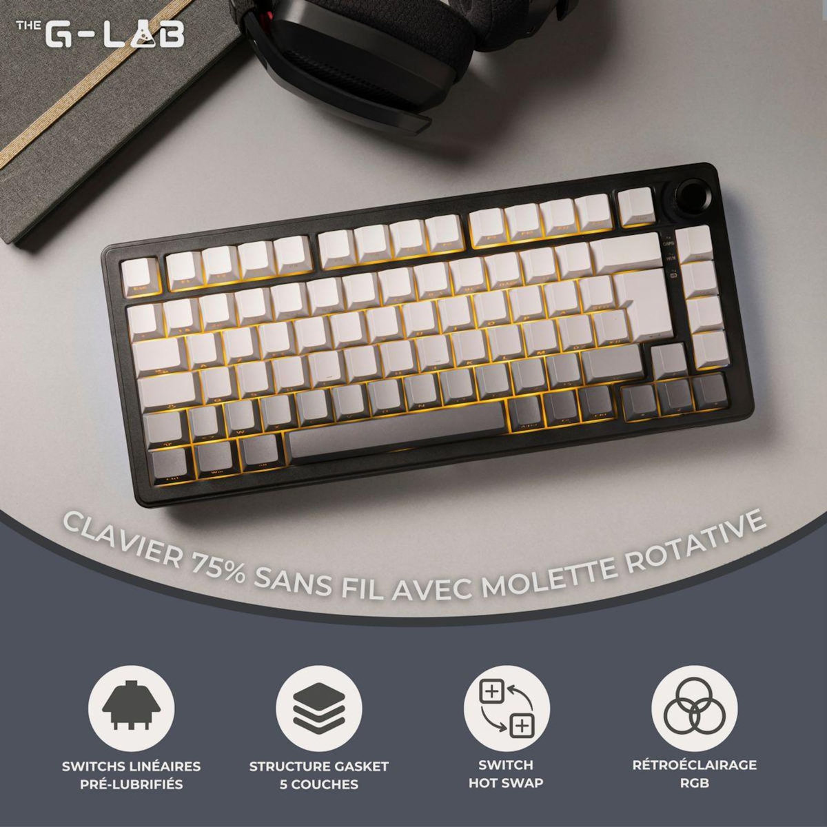 THE G-LAB Clavier gamer sans fil Keyz Elite 300 RGB Triple Mode Gris