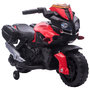 Voir la diapositive 1 : HOMCOM Moto électrique enfant 6 V 3 Km/h effet lumineux et sonore roulettes amovibles repose-pied valises latérales métal PP rouge noir