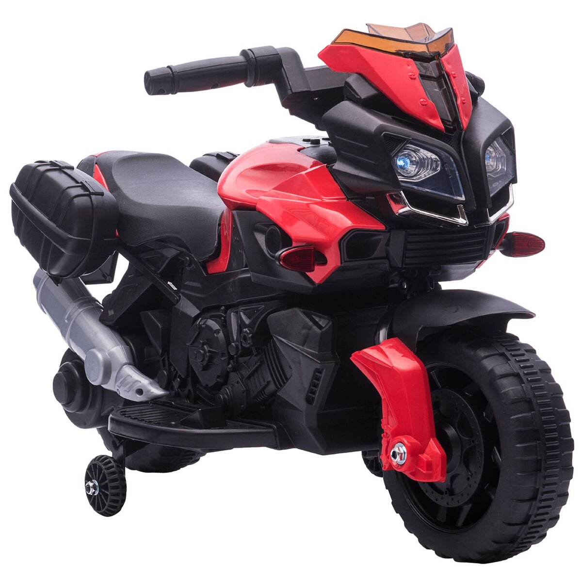 HOMCOM Moto électrique enfant 6 V 3 Km/h effet lumineux et sonore roulettes amovibles repose-pied valises latérales métal PP rouge noir