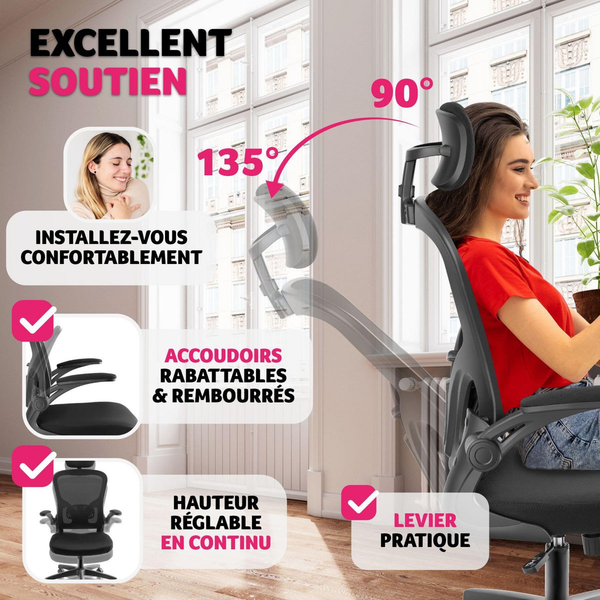 tectake Fauteuil de bureau forme ergonomique avec soutien lombaire et appuie-tête réglables noir