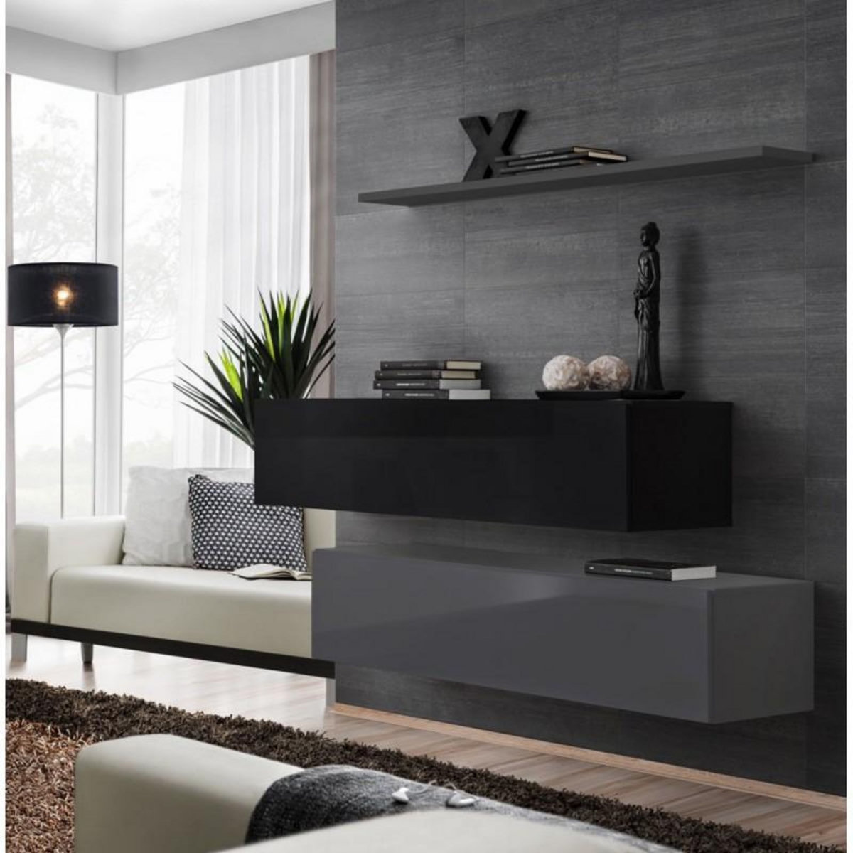 Paris Prix Lot de 2 Bancs Muraux & Étagère  Switch SBII  130cm Gris & Noir