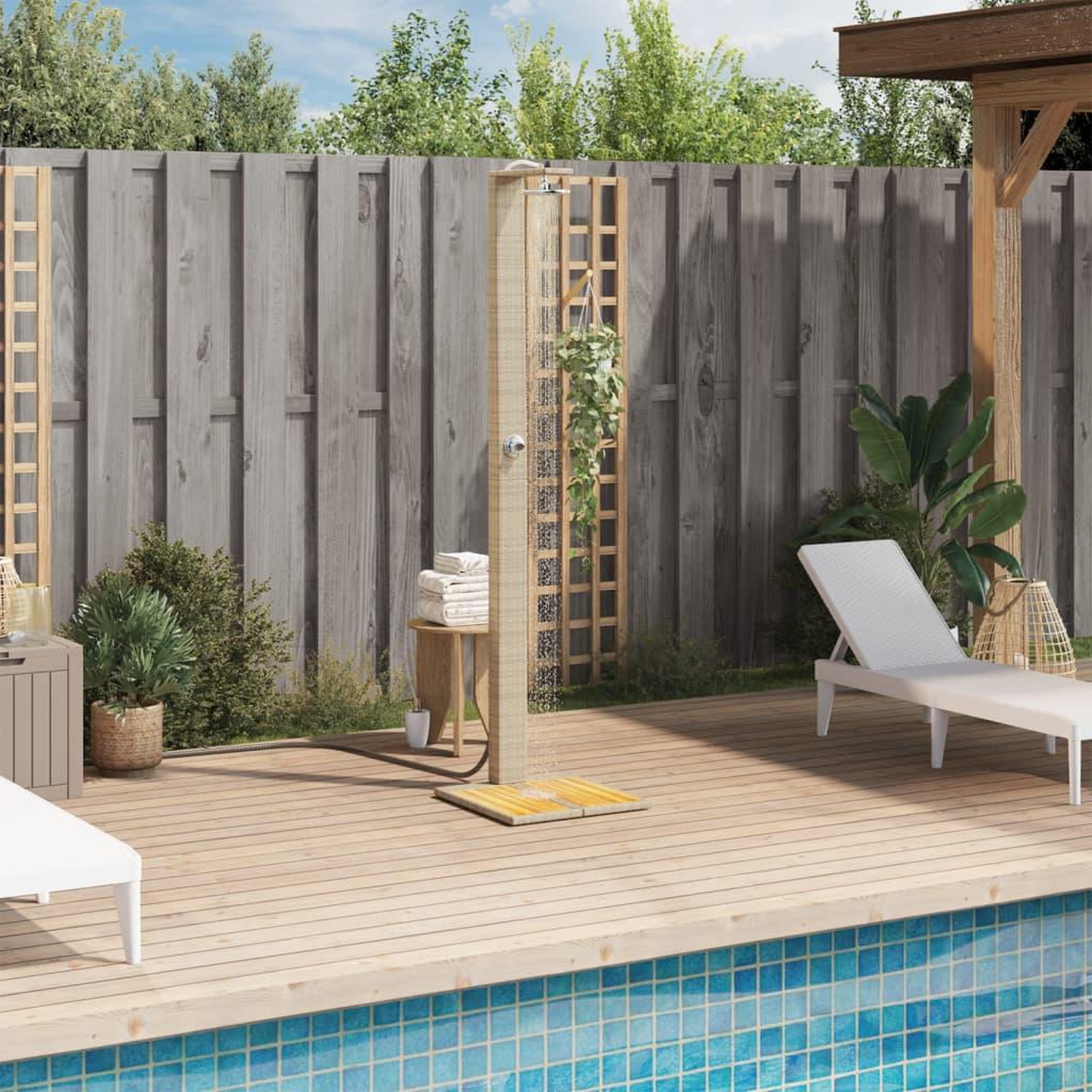 Voir la diapositive 3 : VIDAXL Douche d'exterieur beige 50x55x224cm resine tressee bois acacia