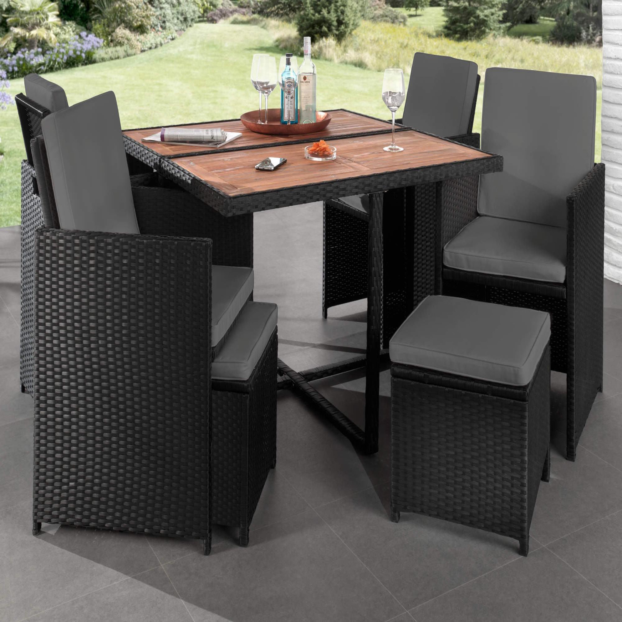 Voir la diapositive 2 : BEST MOBILIER Cuba - salon de jardin encastrable 8 places - en résine tressée - noir avec coussins gris + housse de protection