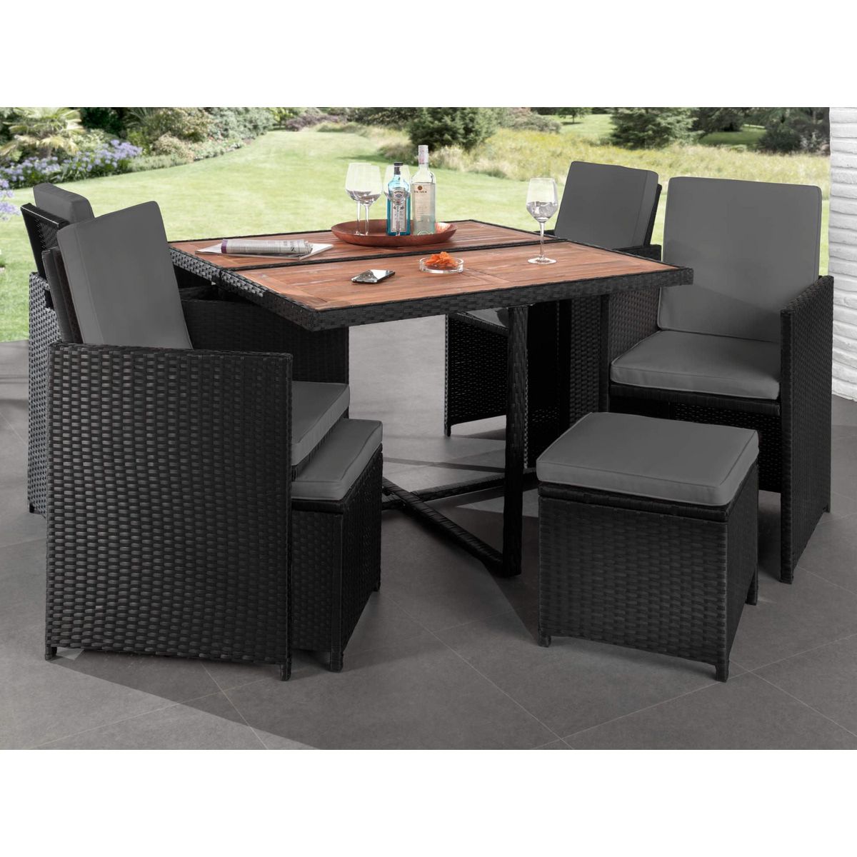 BEST MOBILIER Cuba - salon de jardin encastrable 8 places - en résine tressée - noir avec coussins gris + housse de protection